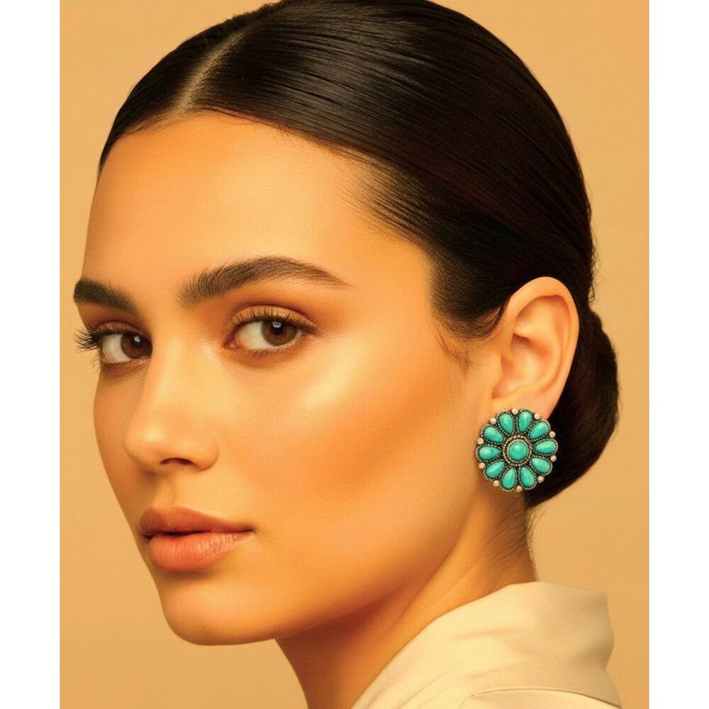 Western clip on 1" silver and turquoise stone flower button earrings